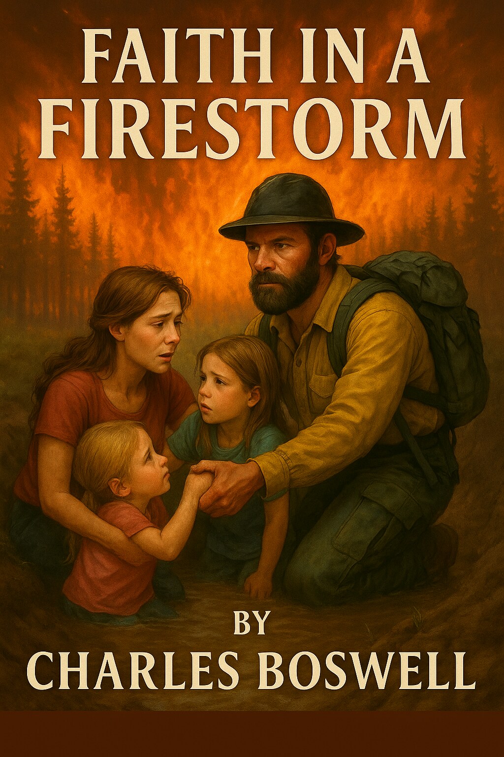 A bearded wildland firefighter in a wide-brimmed hat and yellow shirt kneels to take a small girl by the hand, beside her mother and sister, as an orange wildfire burns through the pines behind them.